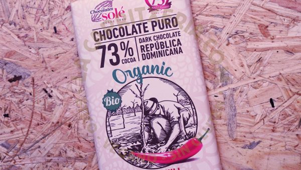 Tableta de chocolate orgánico de Chocolates Solé vegano y sin gluten sabor chili picante